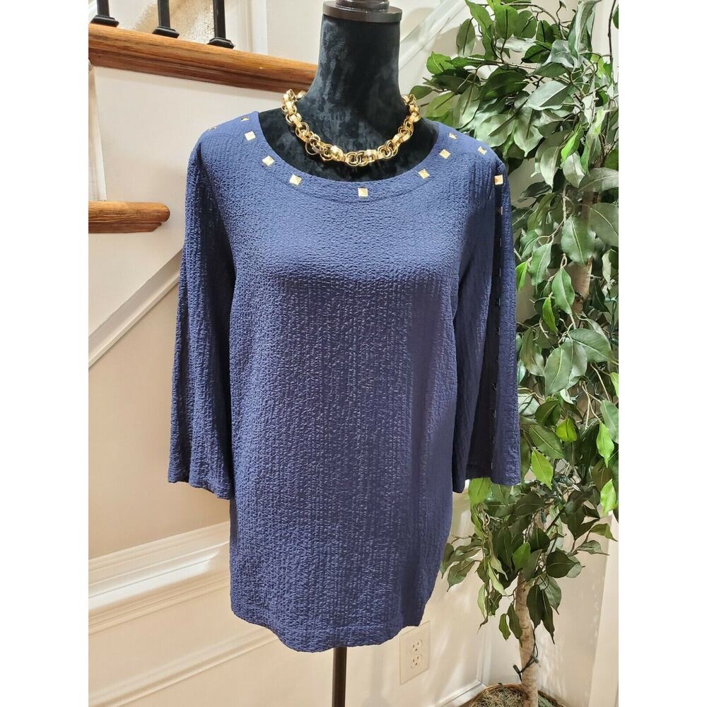 Jm Collection Women's Blue Rayon Long Sleeve Round Neck Casual Blouse Size Large